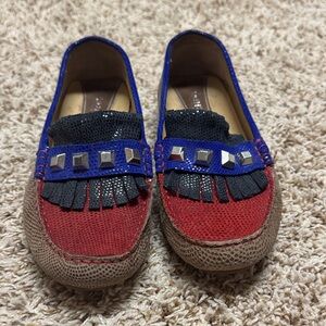 Vaneli Red and Blue Moccasins with Black Fringe